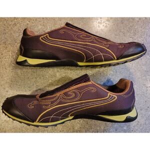 Puma Speedcat Brown and Yellow Scroll Slip on Sneakers Driving Shoes Women's 7.5